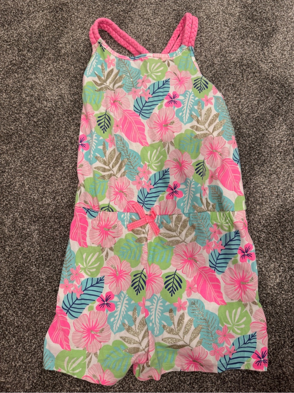 Girls Tropical Floral Pink & Aqua Romper